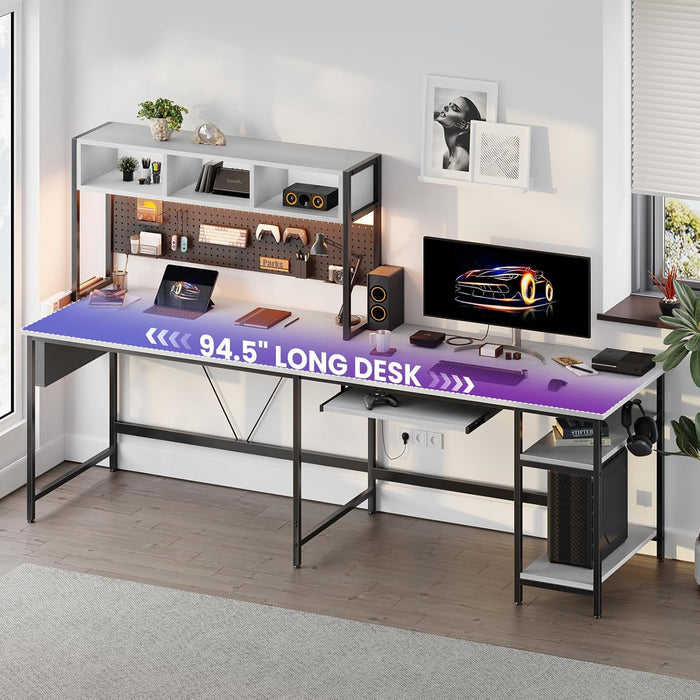 67" L Shaped Gaming Desk, Corner Desk for Compact Spaces with Keyboard Tray & Storage Shelf,Reversible Computer Desk with LED Lighting,Metal Frame PC Gaming Table for Home Office Bedroom,White