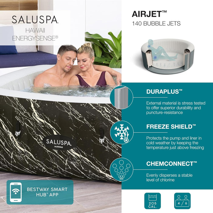 Saluspa Hawaii Energysense Smart Luxe Airjet Inflatable Hot Tub Spa (71" X 71" X 26") | Features LED Lights and App-Control | Fits up to 4-6 Persons