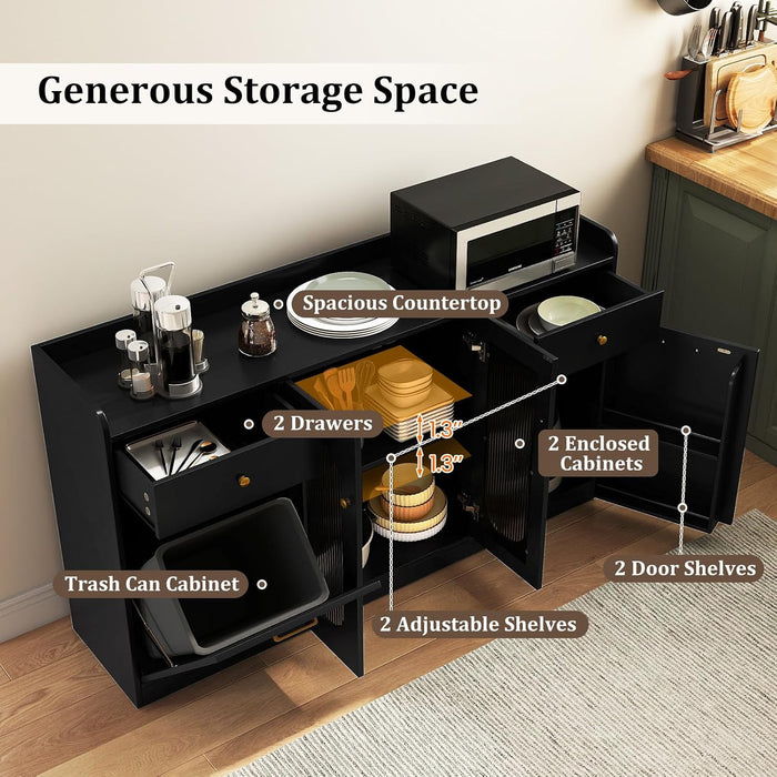 55" Farmhouse Buffet Cabinet, Large Credenza W/Hidden Tilt Out Trash Can, 2 Glass Doors, 2 Drawers & Adjustable Shelves, Modern Sideboard Coffee Bar Cabinet for Kitchen (Black)