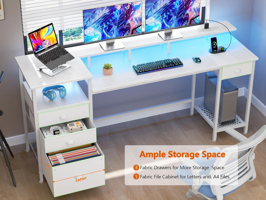 White Computer Desk with 4 Drawers, 60" Long Office Desk with Fabric File Cabinet and Power Outlets, Gaming Desk with LED Lights, Study Writing Work Desk with Shelf for Home Office