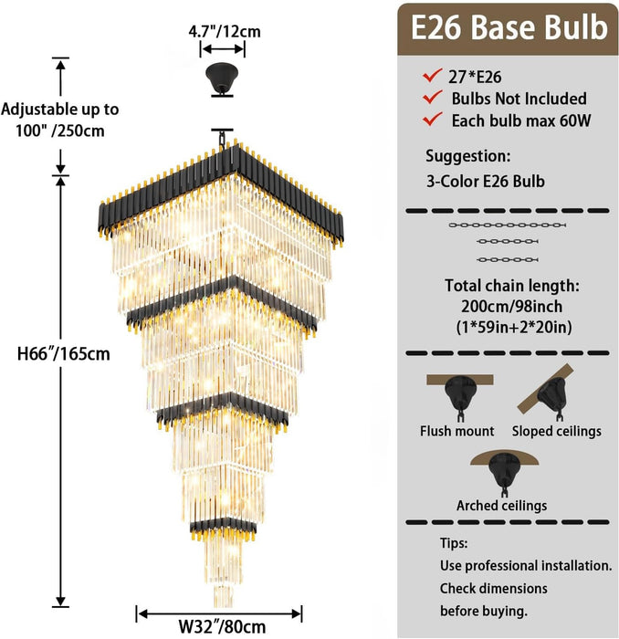 W32In X H94.5In Large Black Gold Crystal Chandelier,Square Crystal Raindrop Chandelier High Ceiling Pendant Light for Entrance Villa Foyer Ceiling Lighting Fixtures