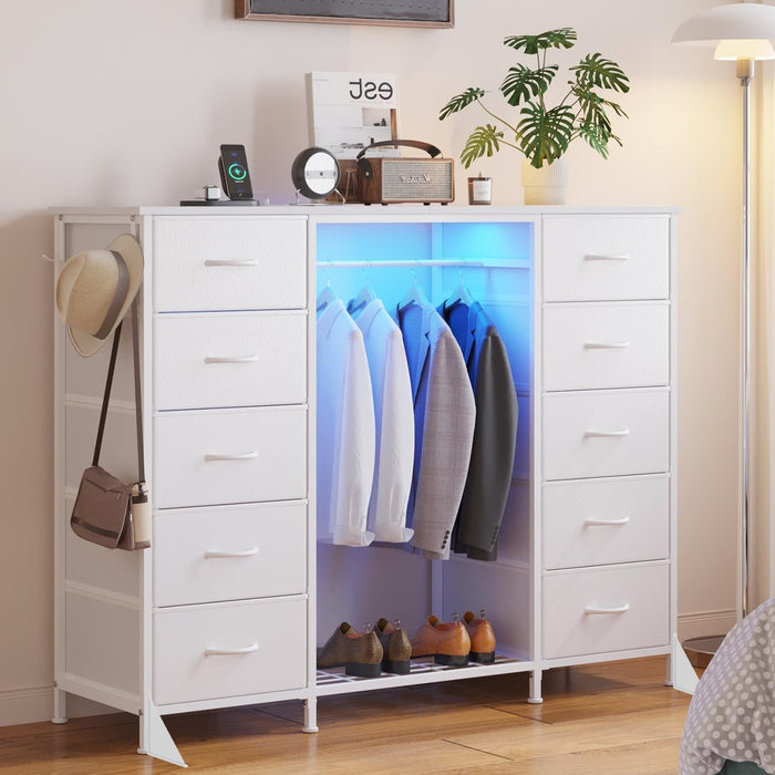 55"W Dresser with Hanging Rack,10 Fabric Drawers & Hooks for Bedroom