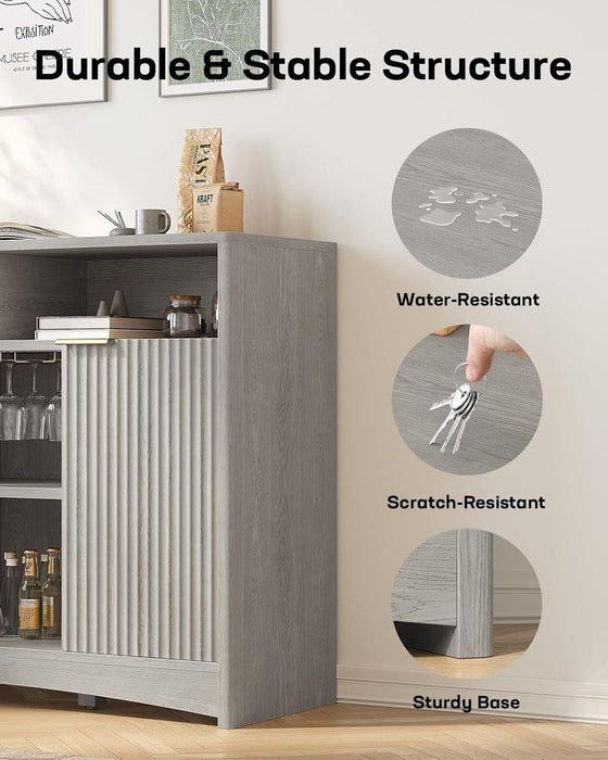 47.2" Bar Cabinets with Storage, Modern Buffet Cabinet, Large Sideboard with 2 Fluted Panel Doors, Coffee Bar Cabinet with Adjustable Shelf and Glass Rack for Kitchen, Living Room, Grey