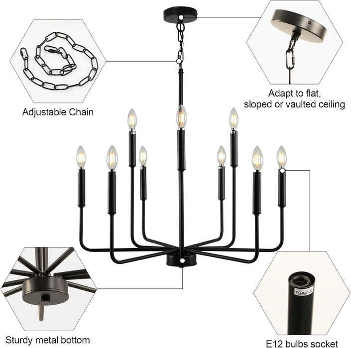 Black Chandelier, Modern Farmhouse Chandeliers for Dining Room 9-Lights Candle Pendant Lights Kitchen Island Rustic Industrial Black Metal Hanging Light Fixtures for Living Room Bedroom Entryway