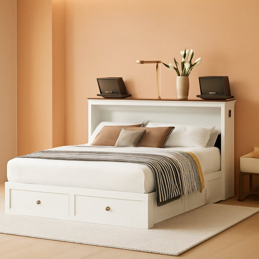 Queen Murphy Bed with Tri-Folding Mattress, 63" W Cabinet Bed with USB Charging Station & Storage Drawer, Queen Size Murphy Cabinet Beds for Living Room, Apartment, Home Office, Bedroom, White