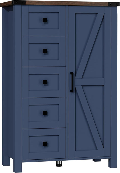 Farmhouse Tall Dresser Chest of Drawer for Bedroom, 5 Drawer Storage Cabinet with Barn Door, 48 Inch Tall Wood Dresser, Adjustable Shelves, Rustic, for Living Room, Entryway, Hallway