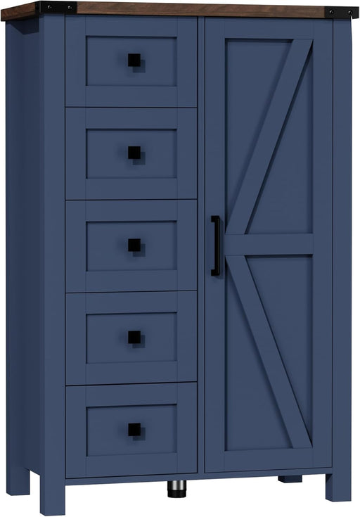 Farmhouse Tall Dresser Chest of Drawer for Bedroom, 5 Drawer Storage Cabinet with Barn Door, 48 Inch Tall Wood Dresser, Adjustable Shelves, Rustic, for Living Room, Entryway, Hallway