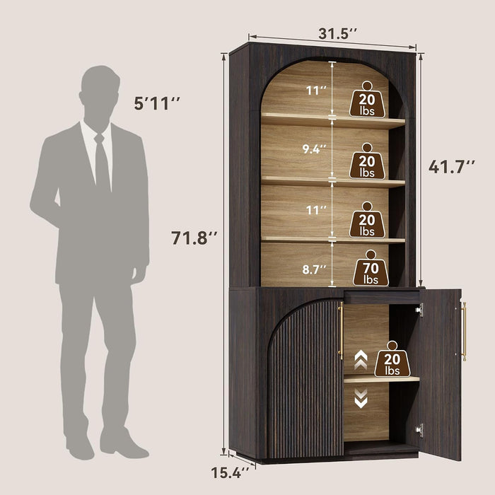 72" Tall Arched Storage Cabinet with Hutch, Bookcase with Open Shelves