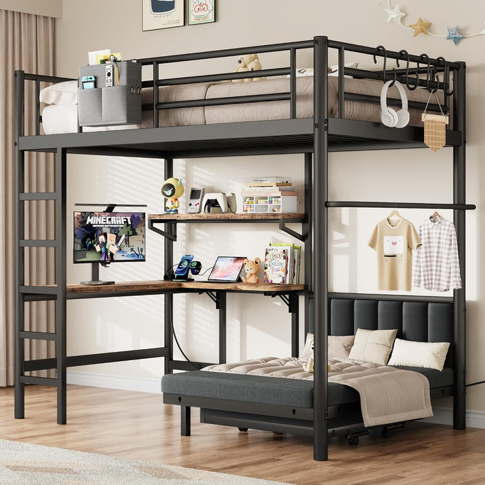 Twin Loft Bed IndustrialFrame WithDeskAndStorage Mattress
