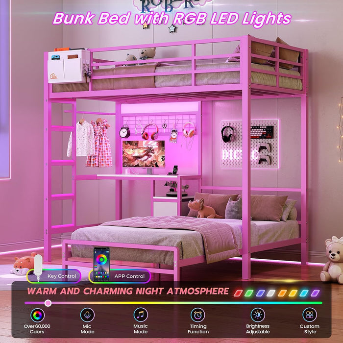 Bunk Bed Twin over Twin with Desk and Storage Metal L-Shaped Bunk Beds with Led Lights & Charging Station,Pink Bunk Beds for Kids with Safety Guardrail and Ladder,Girls Bed,No Box Spring Needed