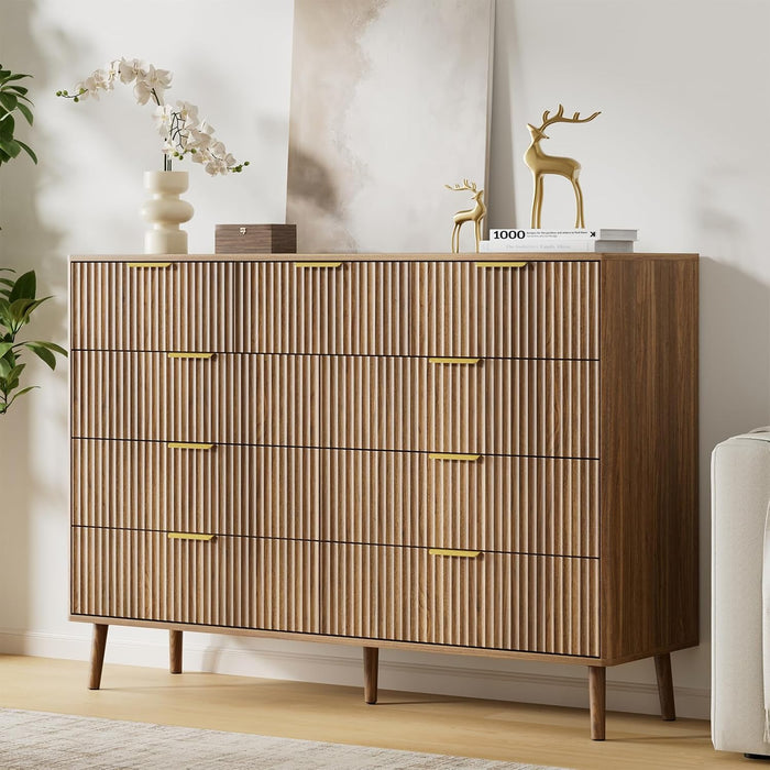 Fluted 9 Drawer Dresser for Bedroom, 55" Wide Modern Chest of Drawers with Curved Profile Design and Metal Handles, Wood Dresser TV Stand & Storage Organizer for Bedroom, Hallway, Walnut