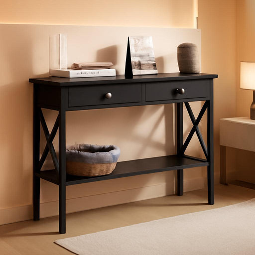 Console Table with Drawers, Narrow Wood Accent Sofa Table Entryway Table with Storage Shelf for Entryway, Front Hall, Hallway, Living Room, Black