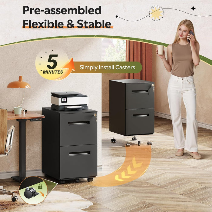 2 Drawer Metal File Cabinet with Lock, Fully Assembled