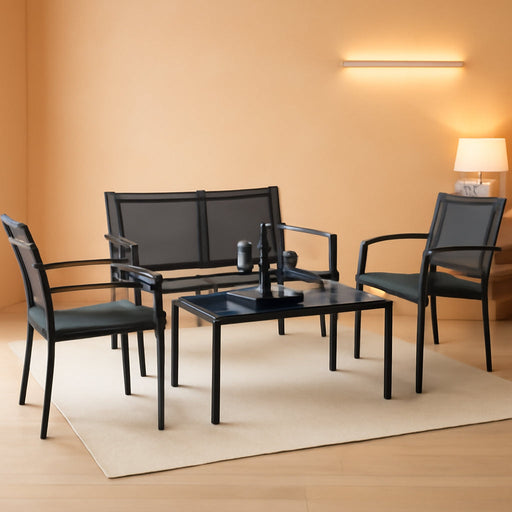 4 Pieces Patio Furniture Set Outdoor Garden Patio Conversation Sets Poolside Lawn Chairs with Glass Coffee Table Porch Furniture (Black)