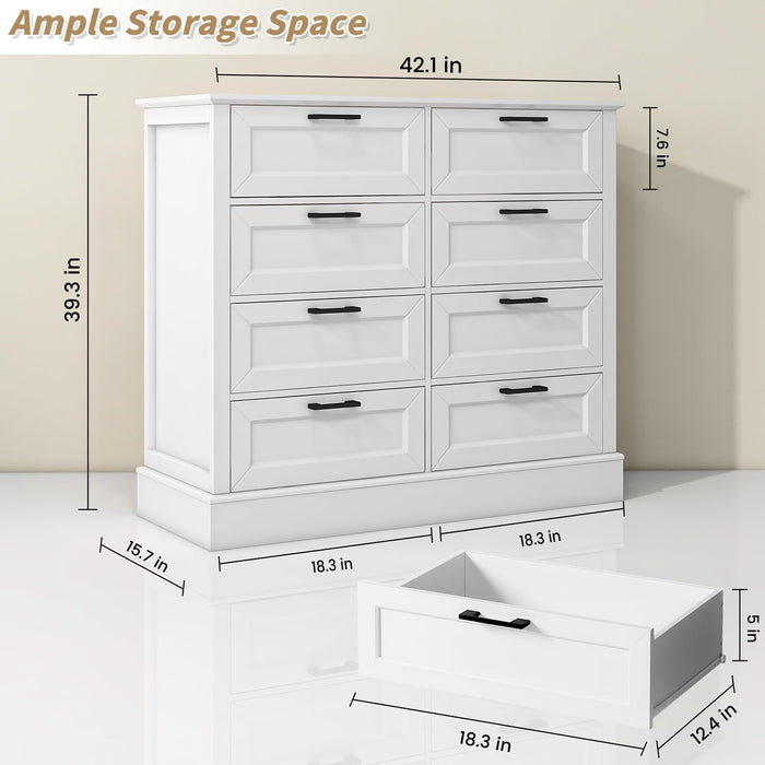 Odeekea White Dresser for Bedroom, Wood Dresser with 8 Drawers, Chest of Drawer for Bedroom Living Room Entryway Hallway, Modern Farmhouse Style