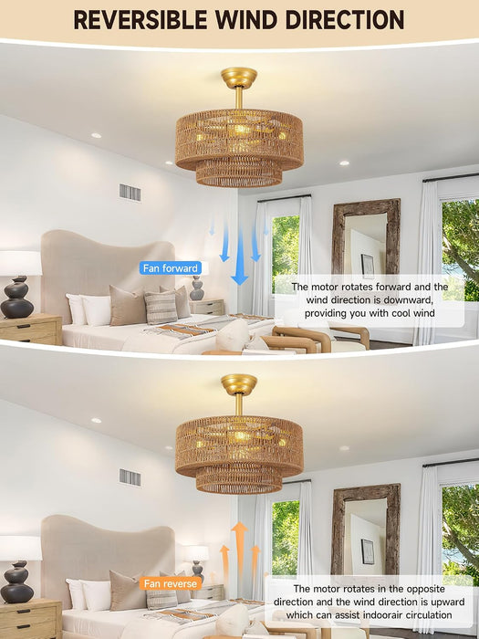 Boho Caged Fandelier with Lights Flush Mount Rattan Ceiling Fan
