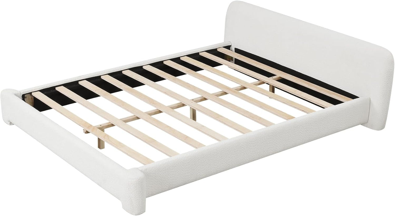 King Size Thick Bouce Fabric Upholstered Platform Bed with Curved Shaped Headboard, Wood Bed Frame for Kids Teens Adults, White