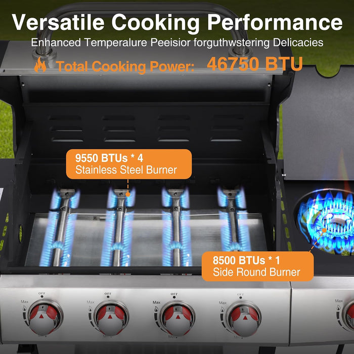 5-Burner Propane Gas Grill W/Side Burner & Charcoal Tray, 4-In-1 Outdoor BBQ Griddle Combo, Heavy Duty Stainless Steel Double Lid, 448 Sq in Cast Iron Cooking Surface for Backyard Patio