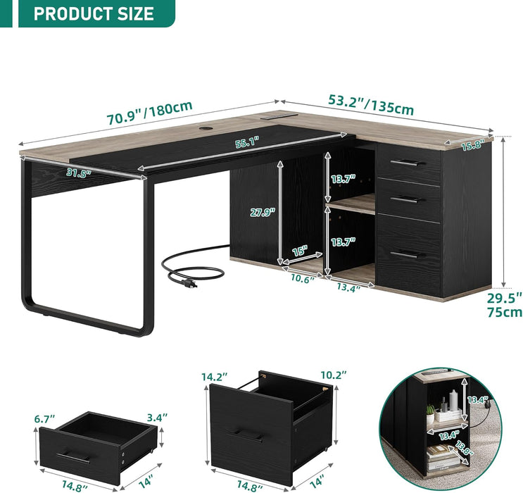 71" Executive Desk with Power Outlets, L Shaped Executive Desk with File Cabinet, Computer Desk with Drawers & Storage Shelves, Corner Office Desk with Bookshelf for Home Office, Grey + Black