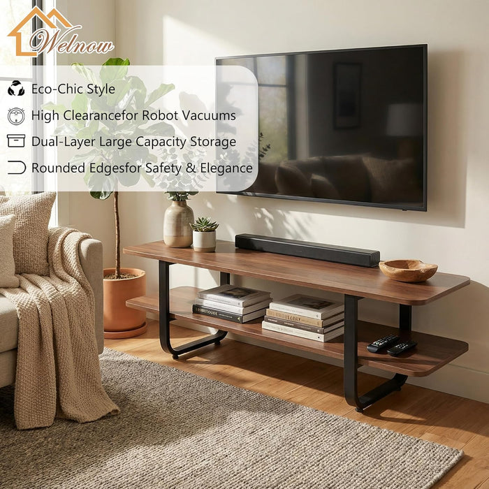 Walnut TV Stand for 65" TV, Mid Century Modern Entertainment Center with 2-Tier Open Shelves, Versatile Modern TV Console & Table for Living Room & Gaming