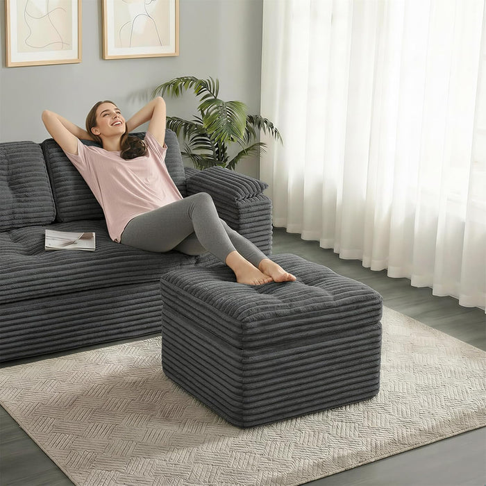 23.6In Pouf Ottoman, Corduroy Ottoman Foot Rest with Dual‑Layer Support, Large Poofy Pouf with Soft Chunk‑Foam Top & Firm Foam Base, Floor Foot Stool for Living Room, Dark Grey