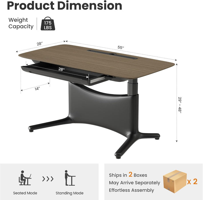 Electric Standing Desk 55X28 Inch, Wobble-Free Dual Motor Sit Stand up Home Office Computer Desk, One Piece Motorized Workstation Gamer Studio Table, Outlets & Footrest,Walnut Black