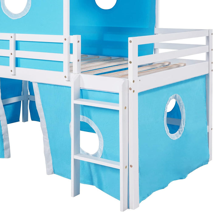 Blue SolidWood Twin Loft Bed With SlideUnderbedCurtains