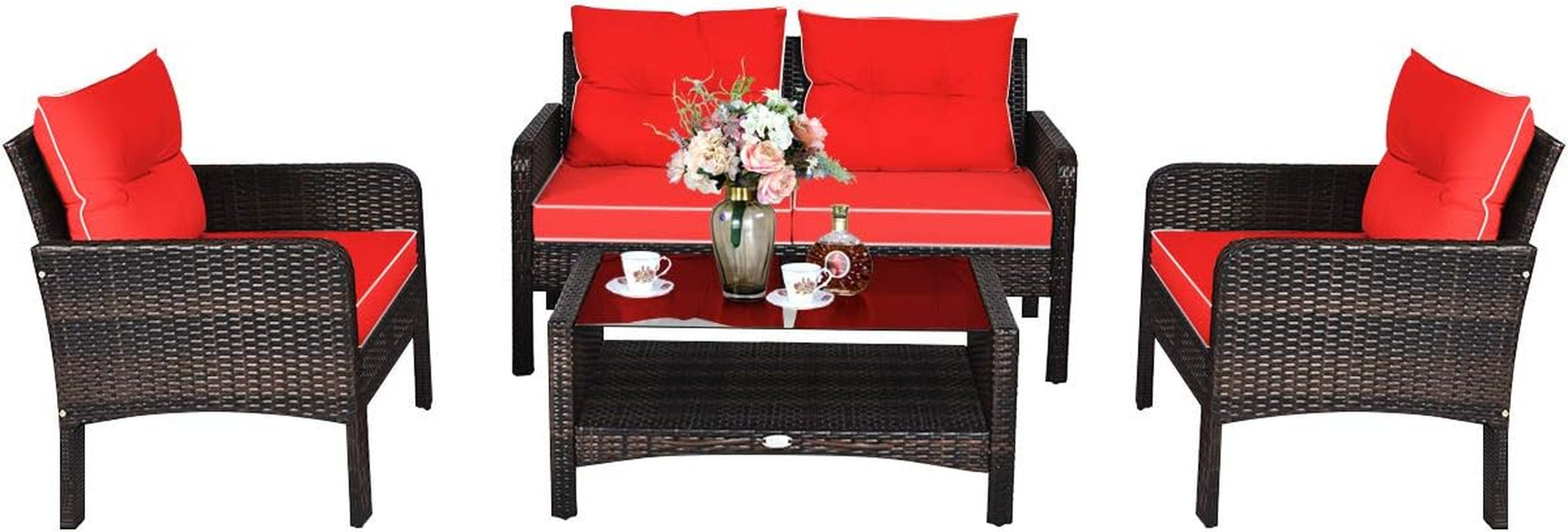 4 Piece Patio Furniture Set, Outdoor Wicker Conversation Set with Glass Top Coffee Table, All Weather Proof and Thick Cushions, Suitable for Porch, Garden, Poolside and Lawn (Red)