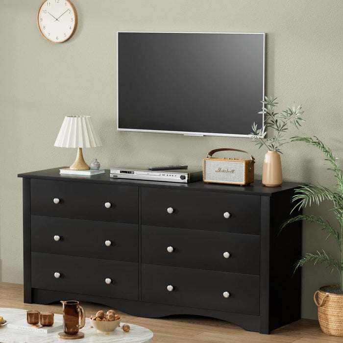 Dresser with 6 Drawer, Wood Wide Chest Storage Organizer and TV Stand for Living Room, Hallway, Dormitory, Black