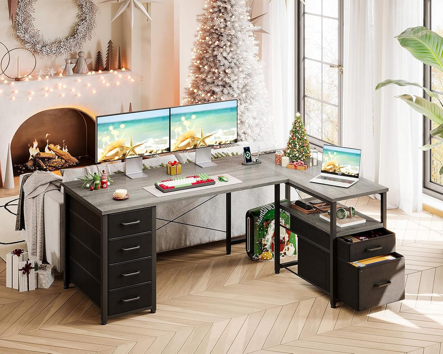 L Shaped Computer Desk with 6 Drawers & Power Outlet, 55 Inch Corner Desk with Reversible Storage Shelf & File Drawer, Home Office Desk, Grey Oak