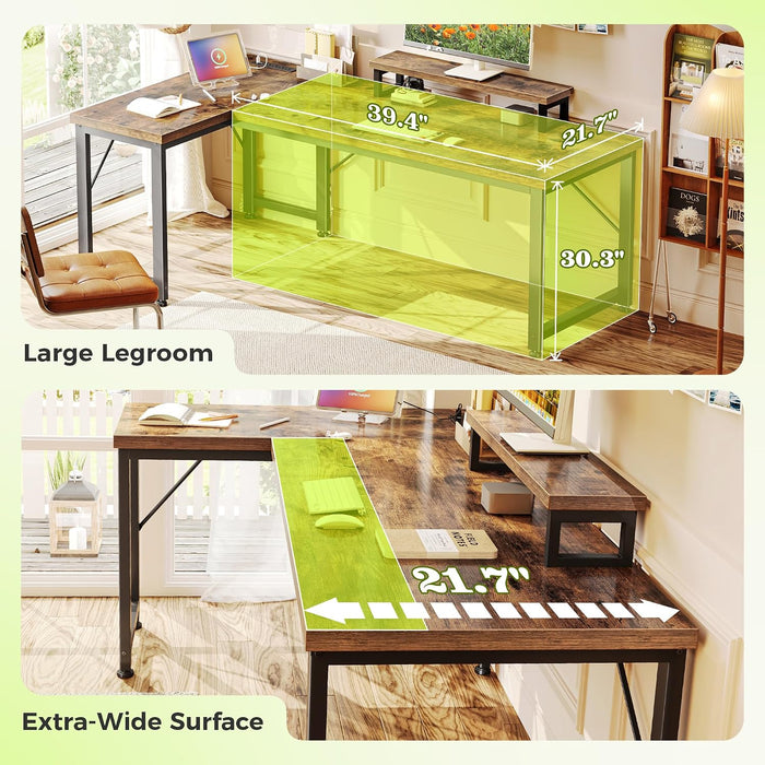 53" L Shaped Computer Desk, Outlets, Monitor Stand, Rustic Brown