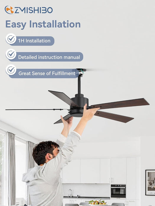 52 Inch Ceiling Fan No Light with Pull Chain, Modern Ceiling Fan without Lights, 6-Speeds, Quiet DC Motor, Remote Control, Black Ceiling Fan for Bedroom, Living Room, Indoor/Outdoor Use