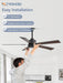 52 Inch Ceiling Fan No Light with Pull Chain, Modern Ceiling Fan without Lights, 6-Speeds, Quiet DC Motor, Remote Control, Black Ceiling Fan for Bedroom, Living Room, Indoor/Outdoor Use