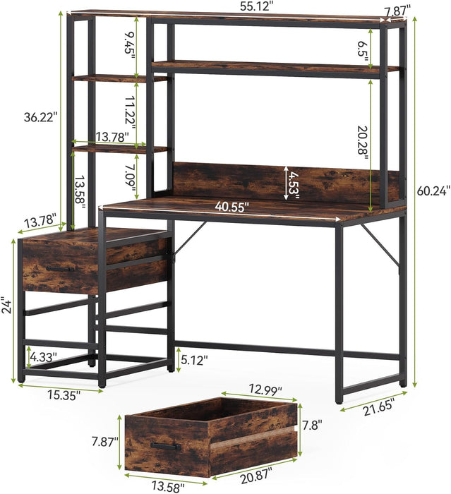 Computer Desk with Drawers and Hutch, 55" Gaming Desk with Storage Shelves, Modern Wooden Study Writing Desk for Bedroom Home Office, Brown