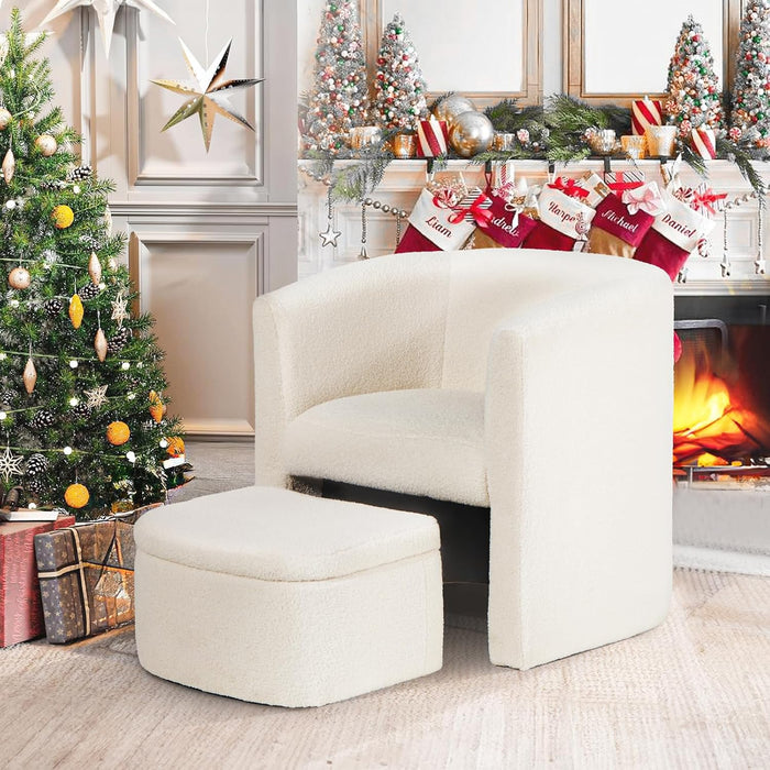 Cream PlushSherpa Barrel Armchair With Storage Ottoman