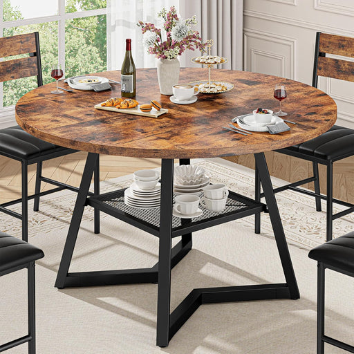 47.2" round Dining Table for 4, Industrial Kitchen Table with Large Storage Shelf, Space Saving Wood Circle Dinner Table for Kitchen & Dining Room, Vintage