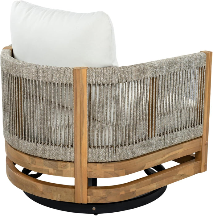 Sue Outdoor Acacia Wood Swivel Accent Chairs Set of 2 with Cushions, 360° Rotating Lounge Chair Outdoor with Rope Accent, Outdoor Swivel Chairs for Garden, Natural + Beige