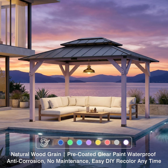 10' X 12' Outdoor Wood Gazebo,Metal Hardtop Gazebo,Color DIY Permanent Pavilion with Galvanized Steel Double Roof for Backyard, Garden(Windproof, Snow-Load Bearing, Waterproof, Rustproof)