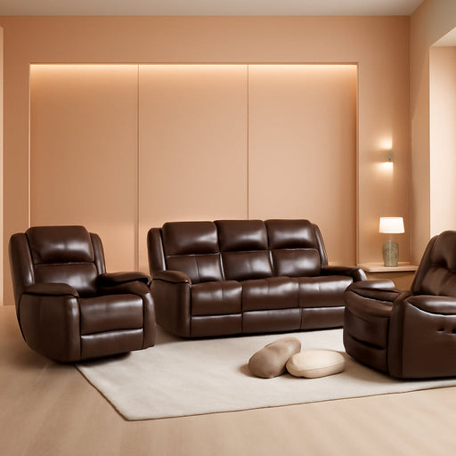 Genuine Leather Manual Recliner Sofa Set, Recliner Chair, Loveseat Reclining Sofa and 3 Seat Recliner Sofa, Couch Furniture Set for Living Room, Meeting Room, Brown(Recliner+Loveseat+Sofa)