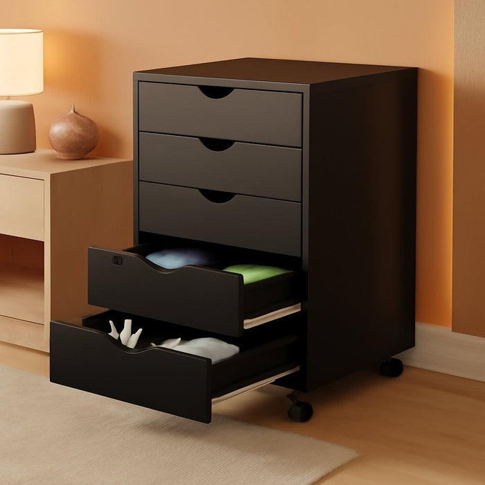 Five Drawer Chest On Wheels Black PremiumQualityHardwood