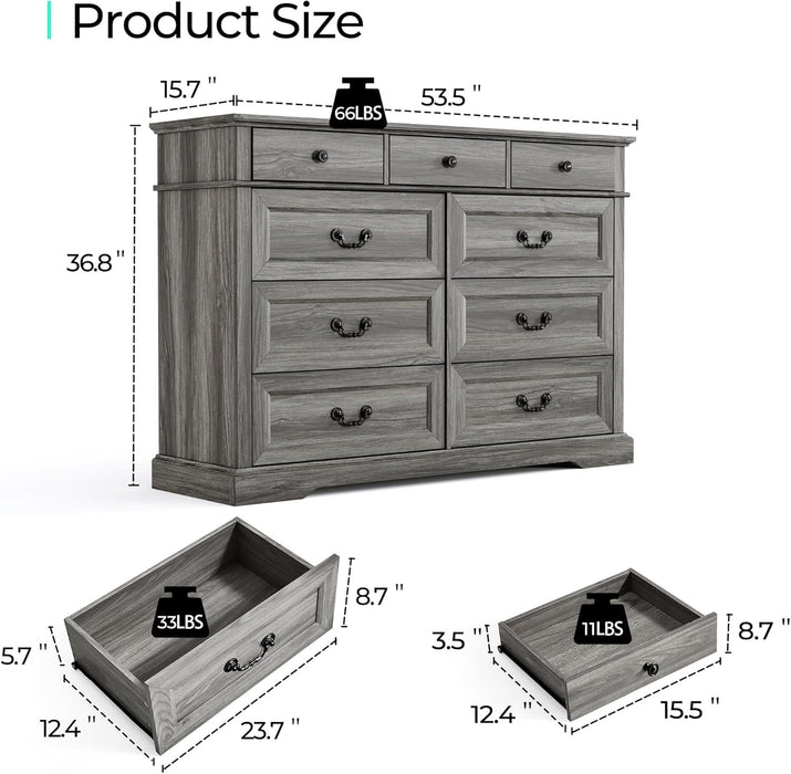 Farmhouse 9-Drawer Dresser - Grey Chest of Drawers for Bedroom and Living Room Organization, Wood Dresser with Ample Storage Space and Rustic Charm, Grey