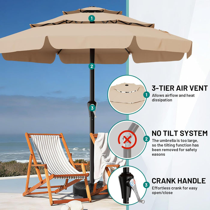 11FT 3-Tiers Patio Umbrella with Valance, Outdoor with Crank, Large Outdoor Market Umbrellas Vented with 8 Sturdy Ribs, Patio Table Umbrellas for Garden, Deck, Backyard, Pool, Beige
