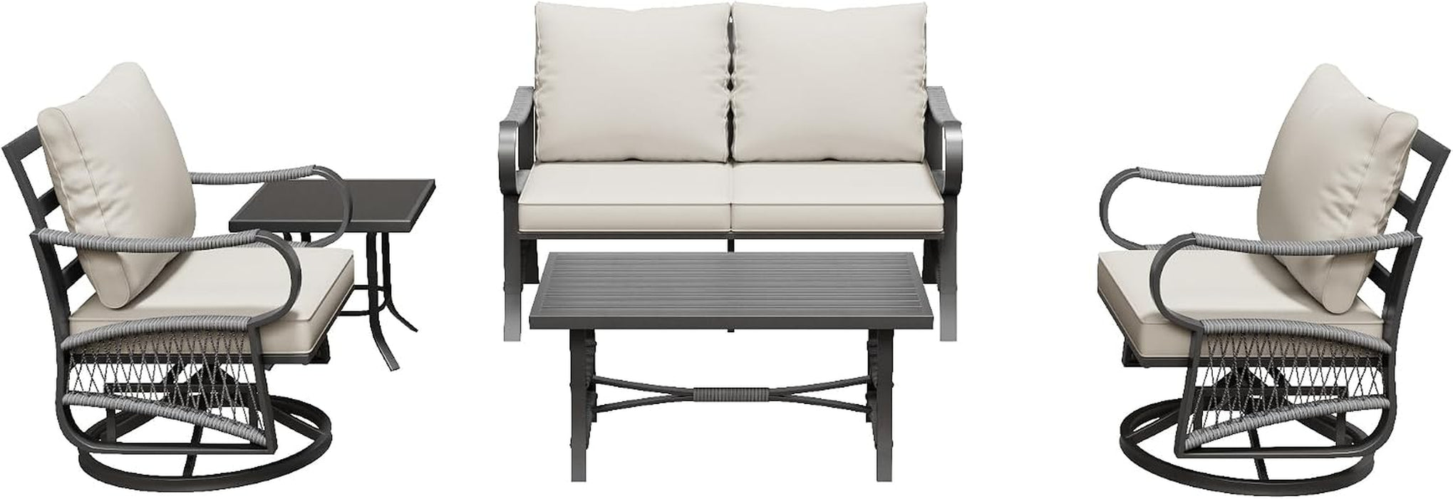 5-Piece Patio Conversation Set, Swivel Chairs Loveseat Khaki