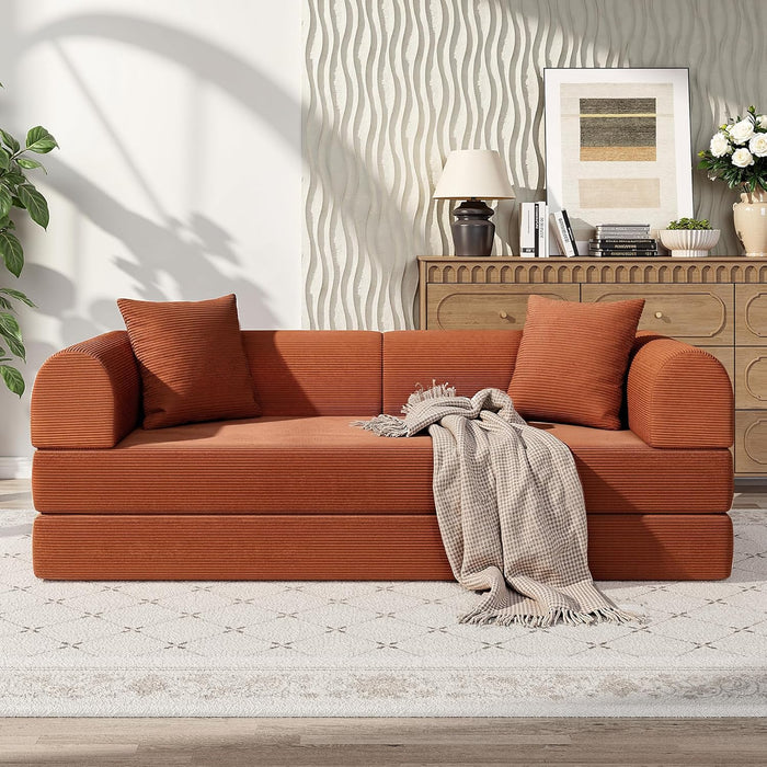 79 Inch Convertible Sofa Bed Orange CorduroyPillows