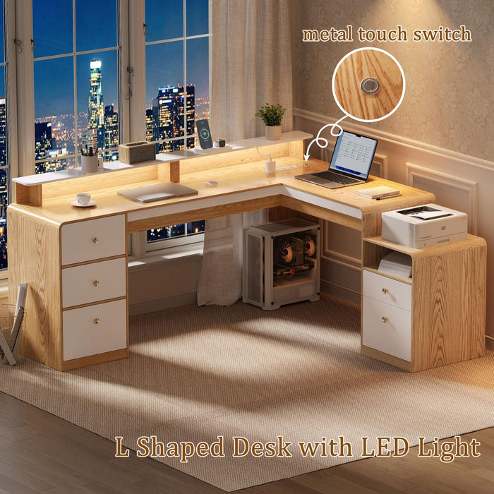 66" Farmhouse L Shaped Desk with 5 Drawers & File Drawers for Home Office