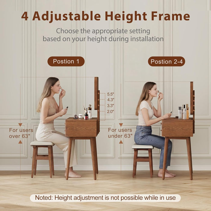 Wood Vanity with Mirror Light, Three-Drawer Vanity, Three-Color Adjustable Vanity Mirror, Suitable for Bedrooms and Dressing Rooms, Walnut Wood