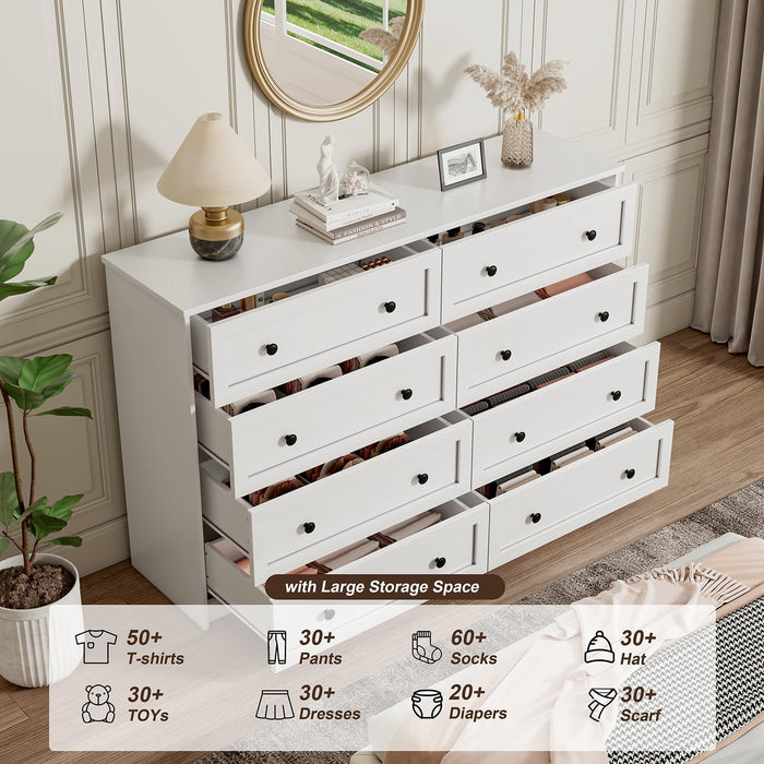 55In White 8 Drawer Double Dresser for Bedroom,Large Wood Storage Chest