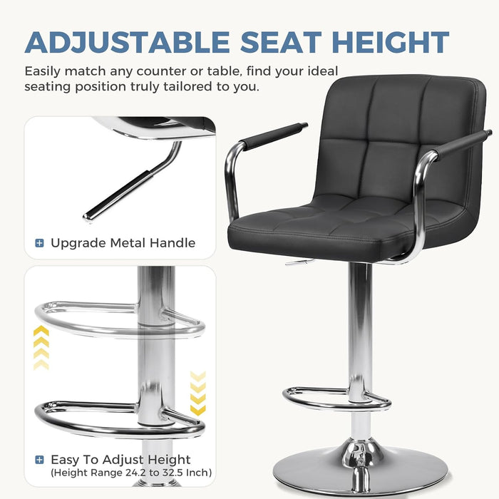 Swivel Bar Stools Set of 4, PU Leather Counter Height Bar Chairs | Adjustable Height, Barstools with Metal Armrests, Backrest, Water-Resistant, Kitchen Island, Pub, Dining Room, Black