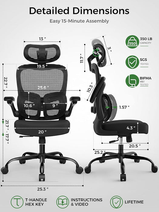Ergonomic Office Desk Chair, Adjustable Dual Lumbar Support & Thick Seat