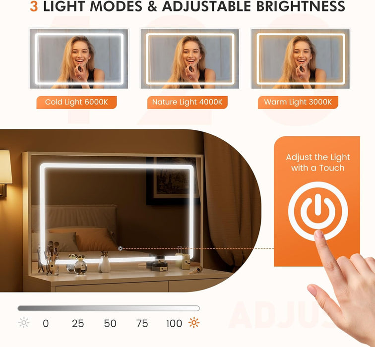 Vanity Desk with 35.4" LED Mirror and Lights, Makeup Vanity Table with Charging Station (2AC/USB/C), 2 Drawers & Large Cabinet, 3 Lighting Color Adjustable, Modern Dressing Table, White